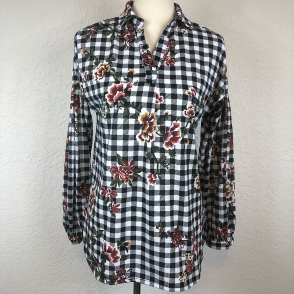 French Laundry Black/White Plaid Long Sleeve Top S